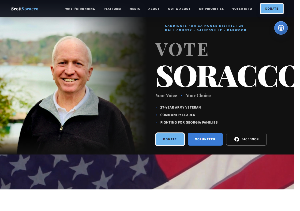 Vote4Soracco homepage preview with candidate portrait and campaign actions