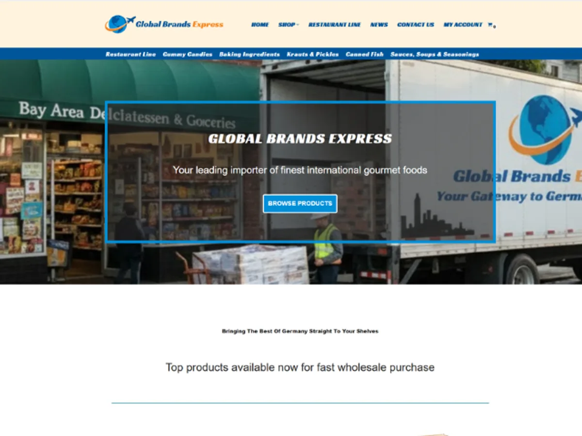 The Global Brands Express website homepage: a delivery truck and delicatessen storefront behind the headline Global Brands Express, your leading importer of finest international gourmet foods.