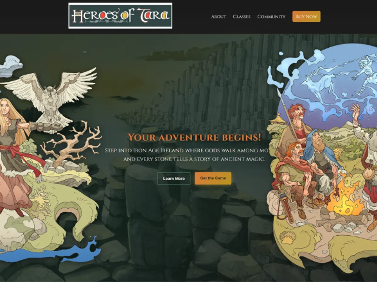 The Heroes of Tara website homepage: an illustrated Iron Age Irish landscape with figures and mythological imagery behind the headline Your Adventure Begins.