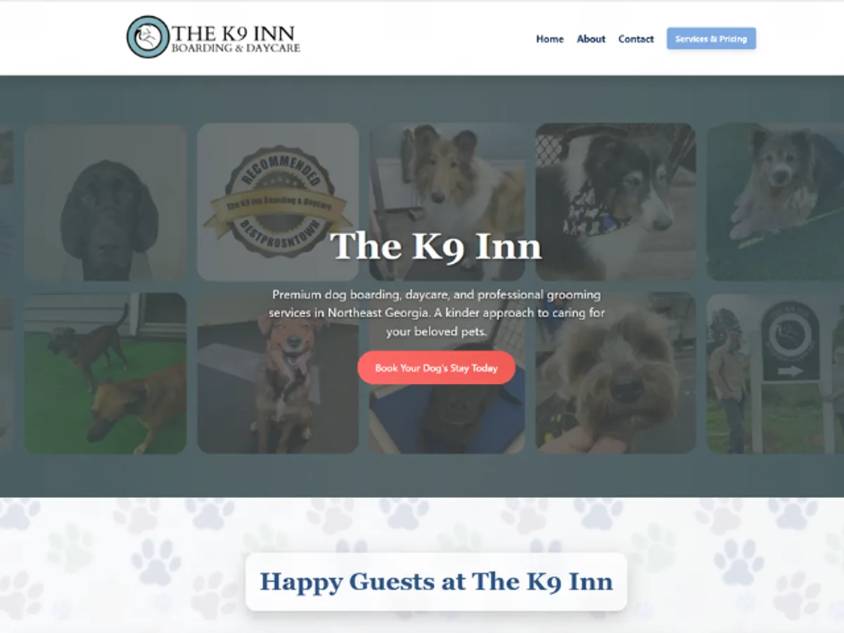 The K9 Inn website homepage: a photo grid of boarded dogs behind the headline The K9 Inn, with a Book Your Dog’s Stay Today button.