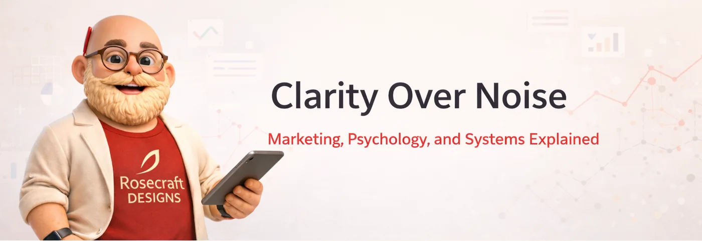 The Rosecraft Signal banner: the clay Rosecraft guide character beside the words Clarity Over Noise, and the line Marketing, Psychology, and Systems Explained.